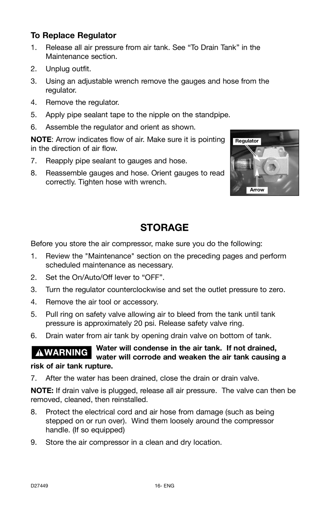 Delta 66-500-1, D27449 instruction manual Storage, To Replace Regulator 