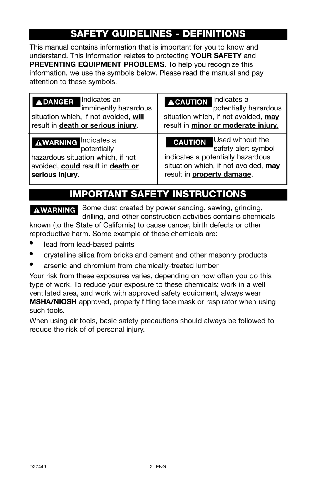 Delta 66-500-1, D27449 instruction manual Safety Guidelines Definitions, Serious injury Result in property damage 