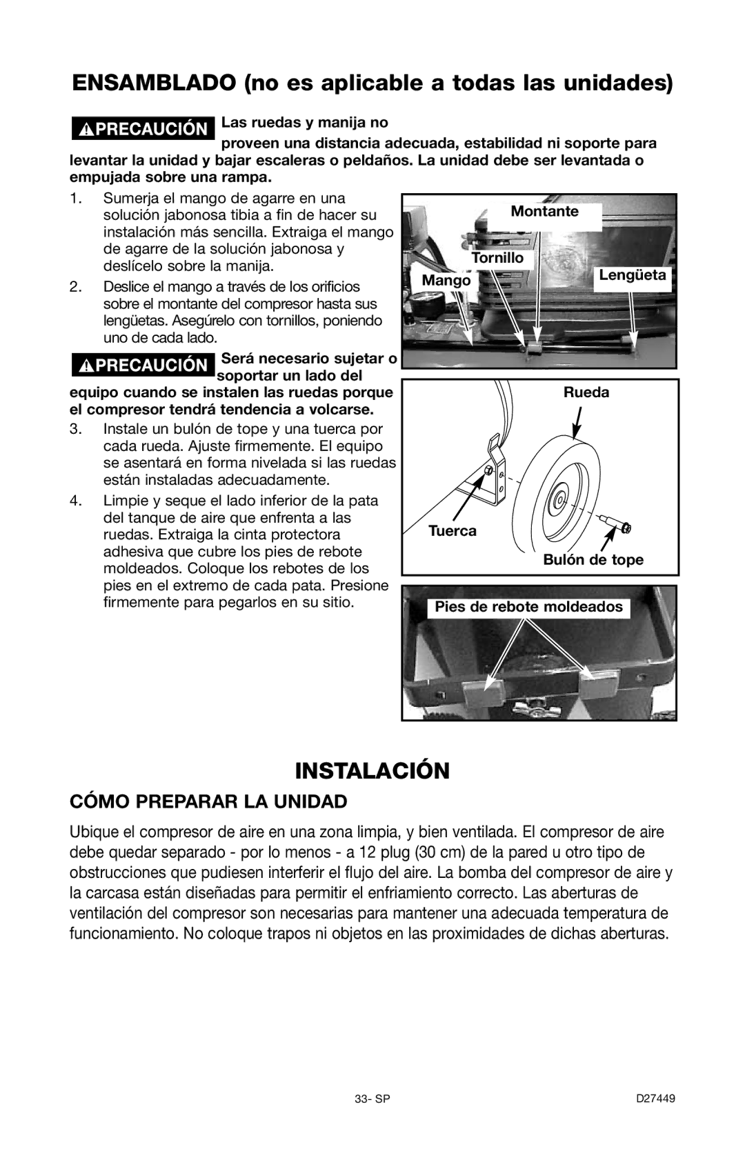 Delta D27449, 66-500-1 instruction manual Instalación, Será necesario sujetar o soportar un lado del 