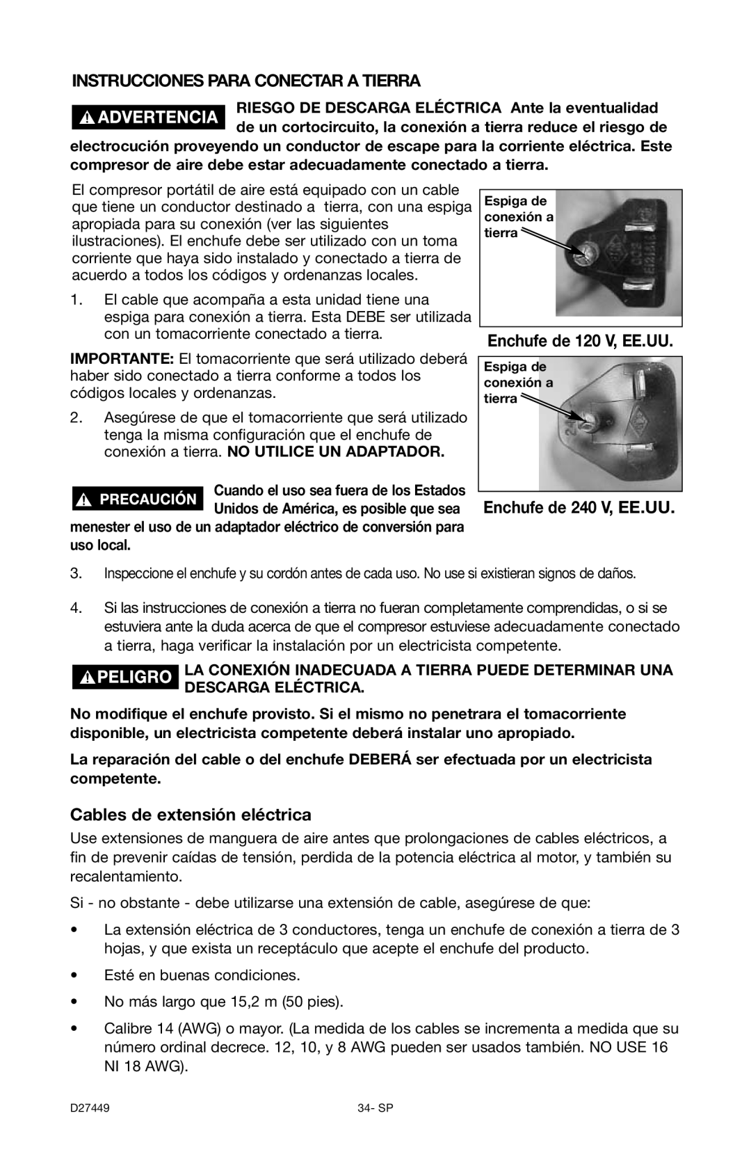 Delta 66-500-1, D27449 instruction manual Enchufe de 120 V, EE.UU, Enchufe de 240 V, EE.UU, Cables de extensión eléctrica 