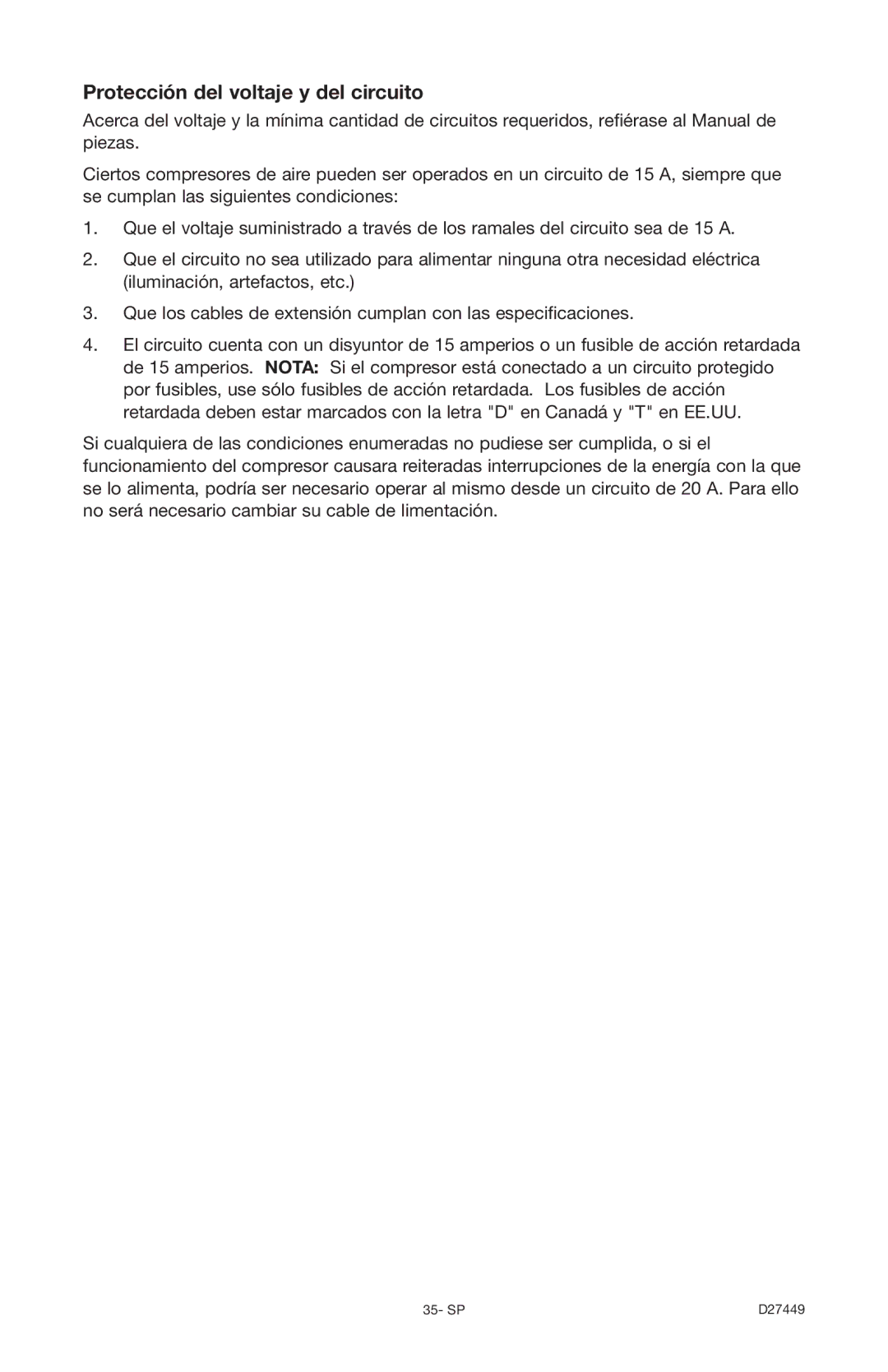 Delta D27449, 66-500-1 instruction manual Protección del voltaje y del circuito 