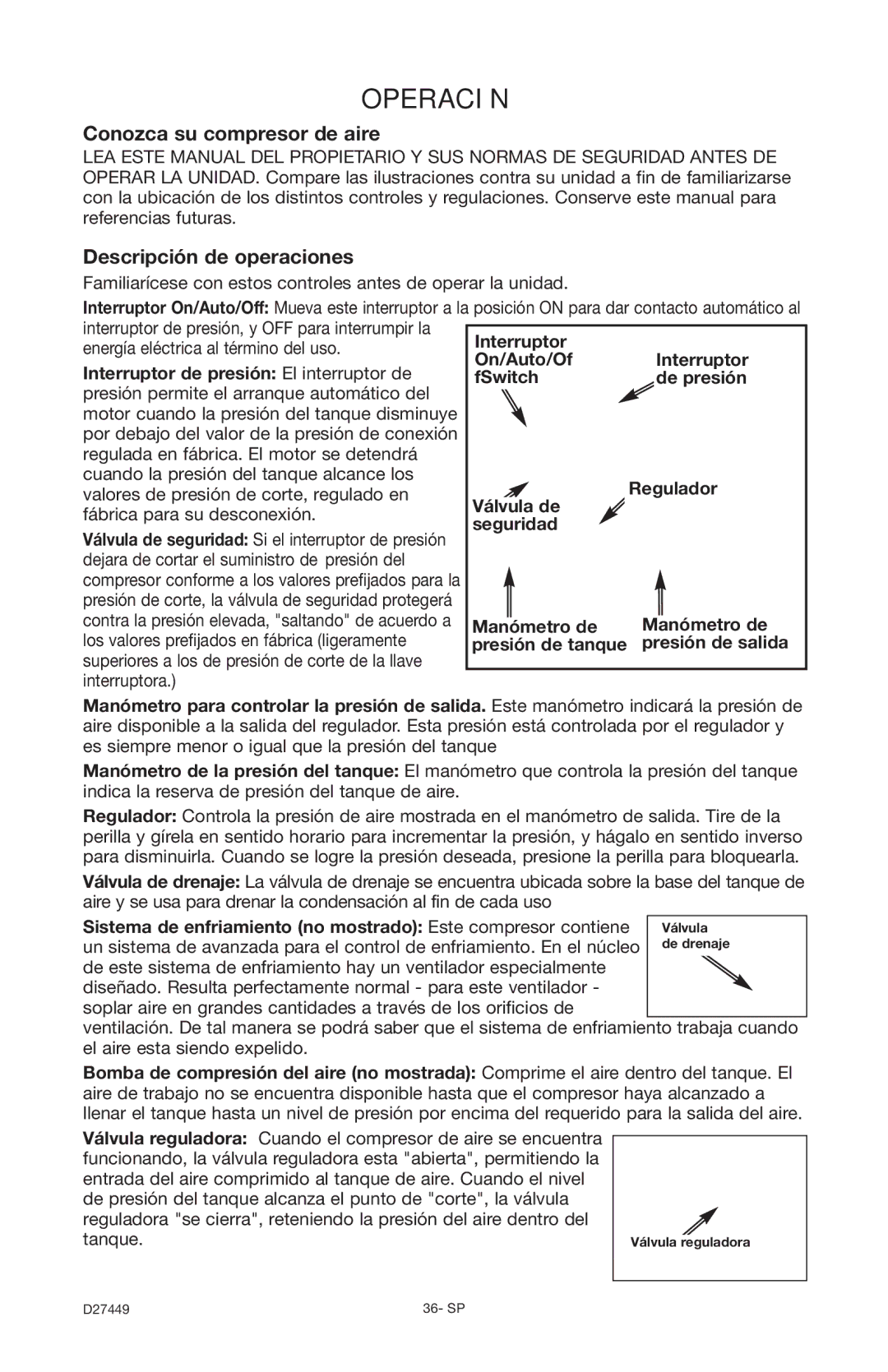 Delta 66-500-1, D27449 instruction manual Operación, Conozca su compresor de aire, Descripción de operaciones, Manómetro de 