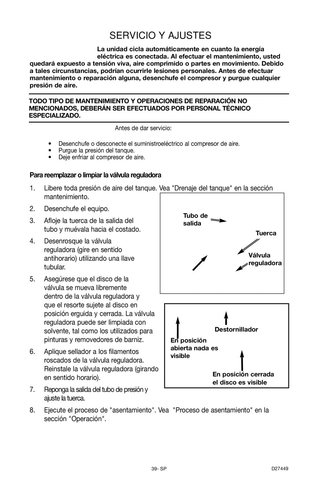 Delta D27449 Servicio Y Ajustes, Para reemplazar o limpiar la válvula reguladora, Afloje la tuerca de la salida del 