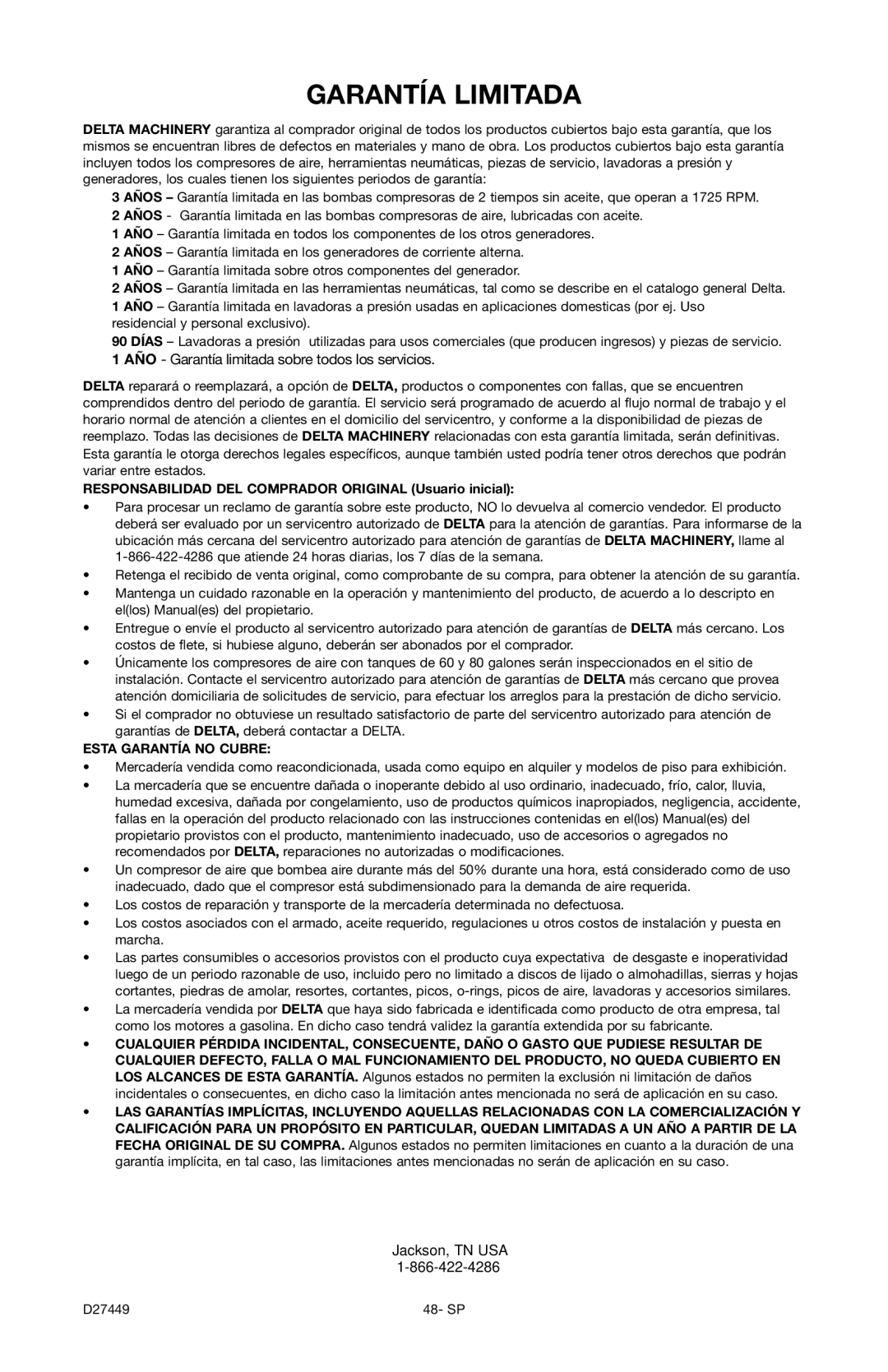 Delta 66-500-1, D27449 instruction manual Garantía Limitada, AÑO Garantía limitada sobre todos los servicios 