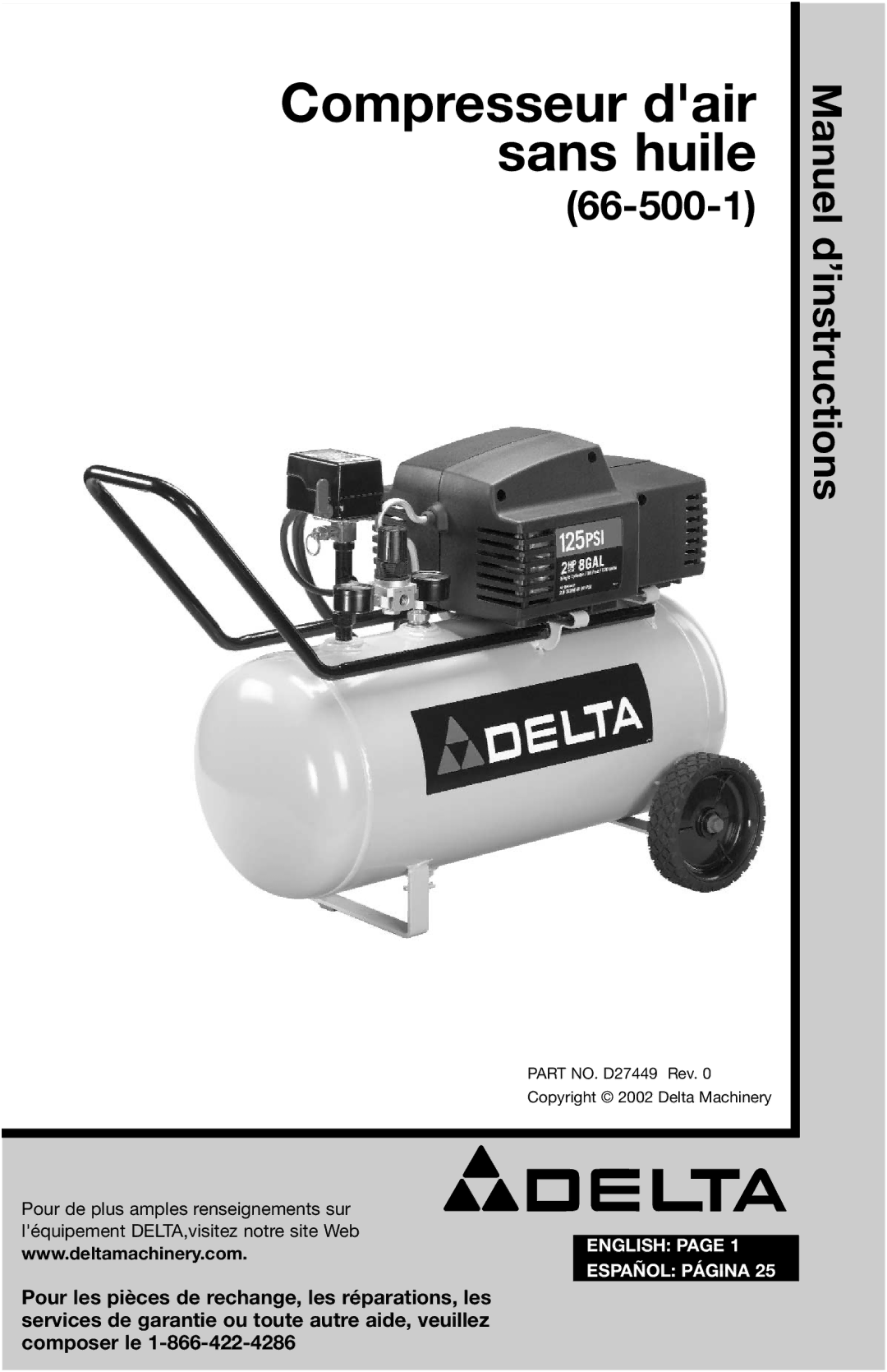 Delta D27449, 66-500-1 instruction manual Compresseur dair sans huile 