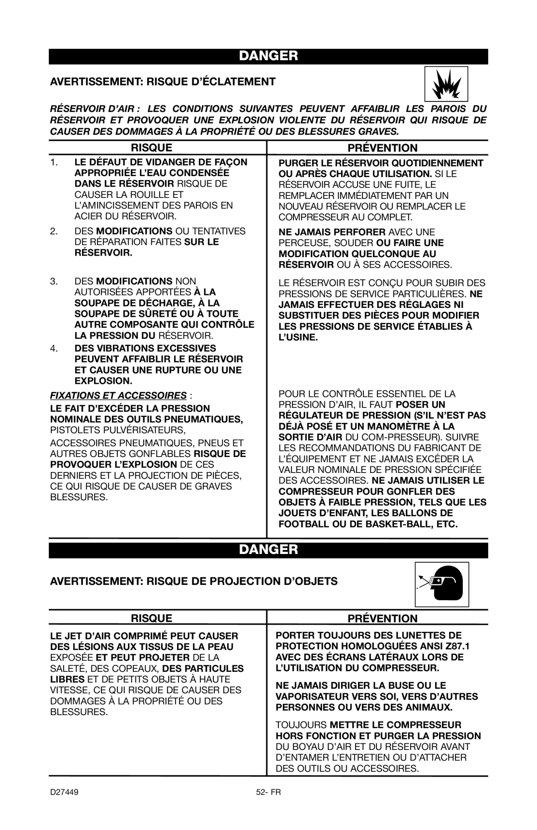 Delta 66-500-1, D27449 instruction manual Avertissement Risque D’ÉCLATEMENT, Avertissement Risque DE Projection D’OBJETS 