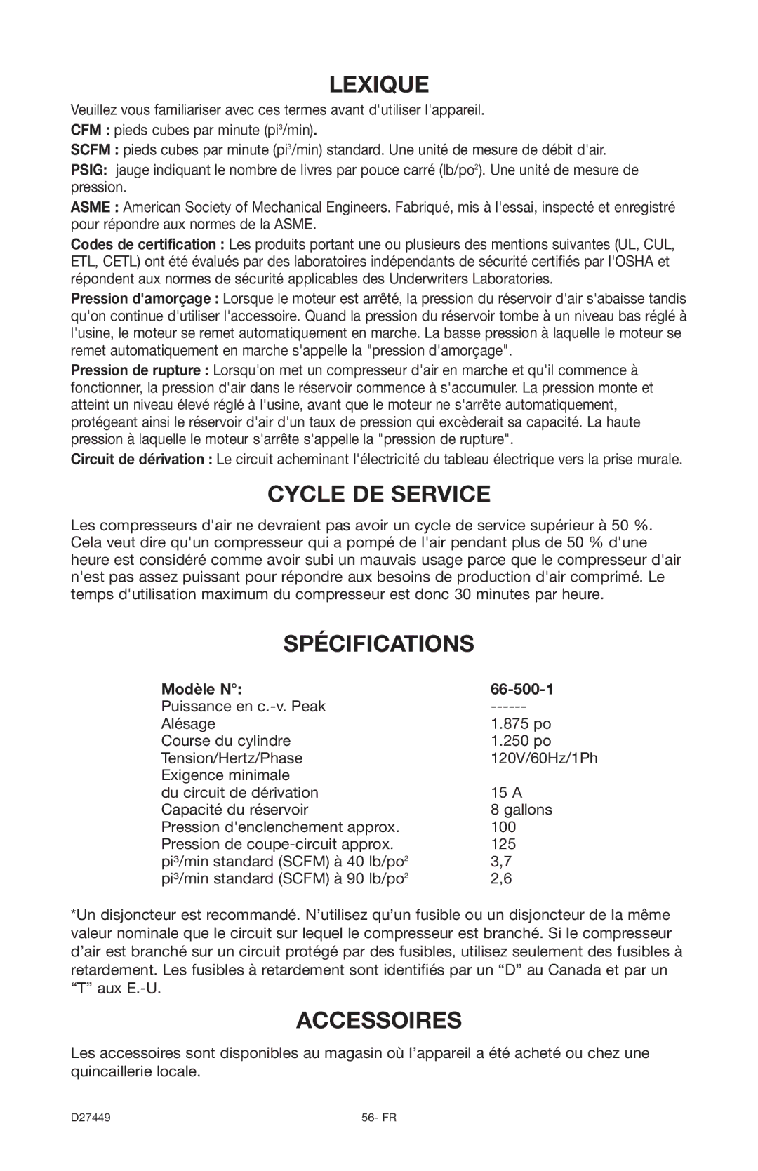 Delta D27449 instruction manual Lexique, Cycle DE Service, Spécifications, Accessoires, Modèle N 66-500-1 