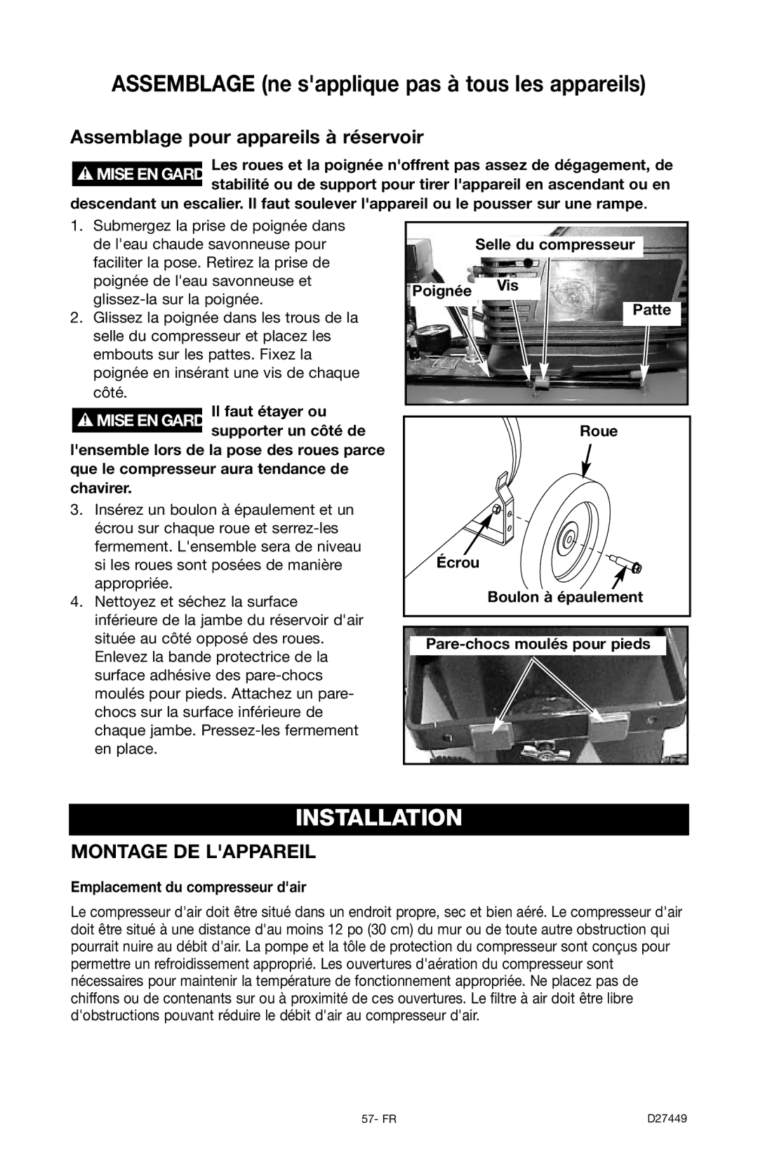 Delta D27449, 66-500-1 instruction manual Assemblage pour appareils à réservoir, Écrou, Emplacement du compresseur dair 