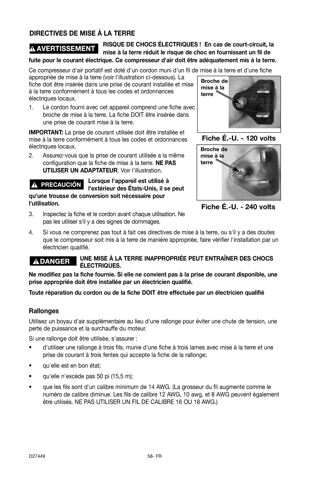 Delta 66-500-1, D27449 instruction manual Directives DE Mise À LA Terre, Rallonges 