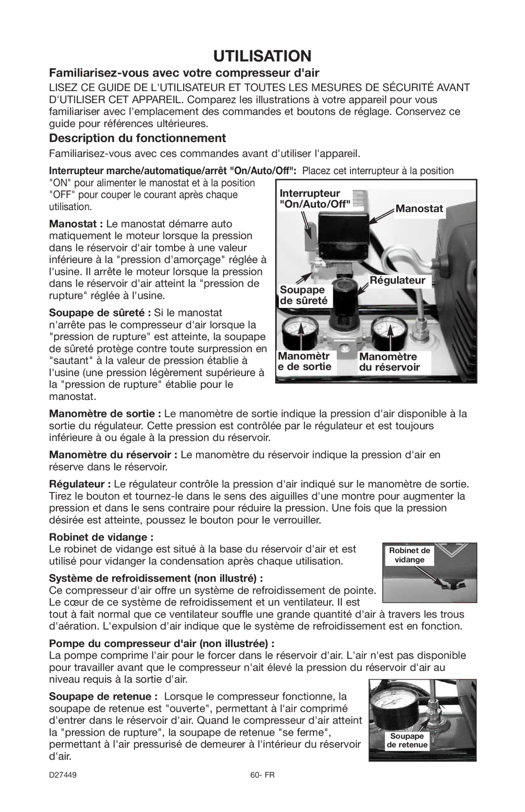 Delta 66-500-1, D27449 Utilisation, Familiarisez-vous avec votre compresseur dair, Description du fonctionnement 