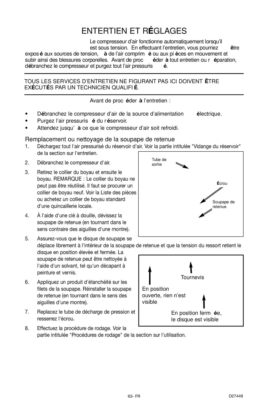 Delta D27449, 66-500-1 instruction manual Entertien ET Réglages, Remplacement ou nettoyage de la soupape de retenue 