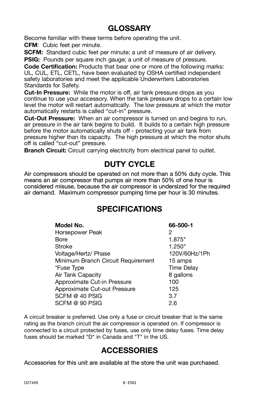 Delta D27449 instruction manual Glossary, Duty Cycle, Specifications, Accessories, Model No 66-500-1 