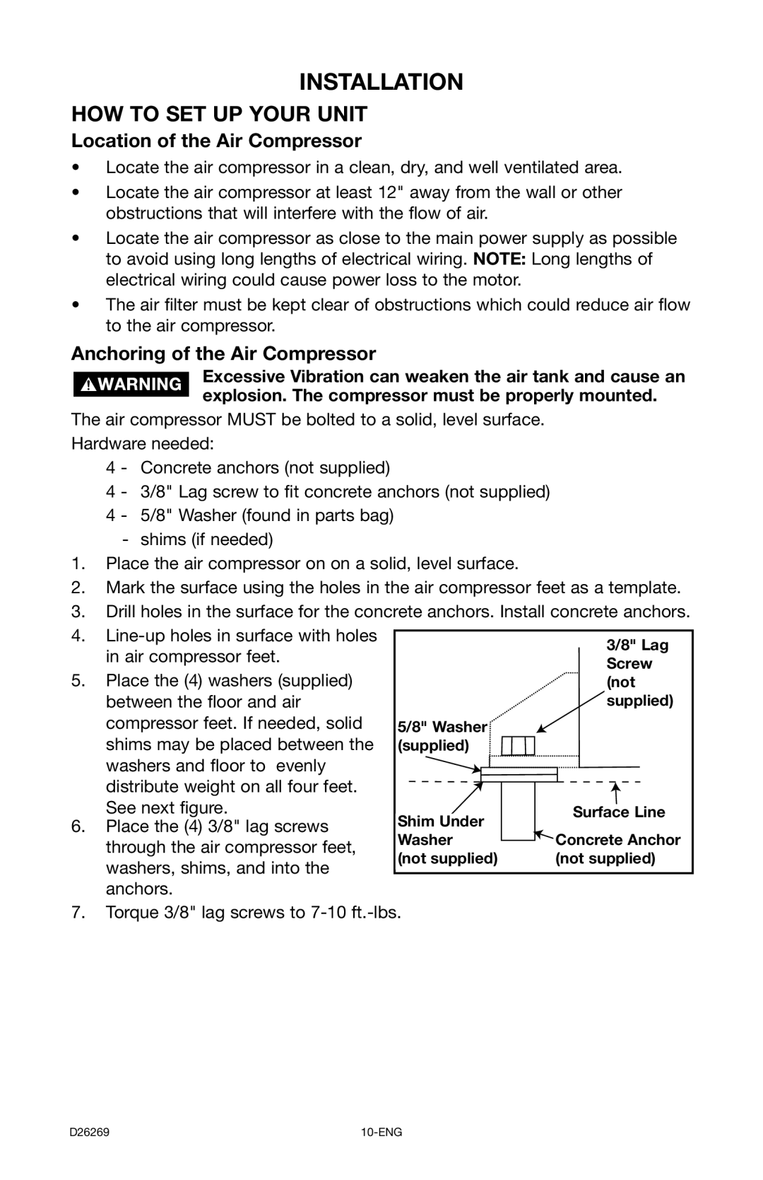 Delta 66-750 instruction manual Installation, Location of the Air Compressor, Anchoring of the Air Compressor 