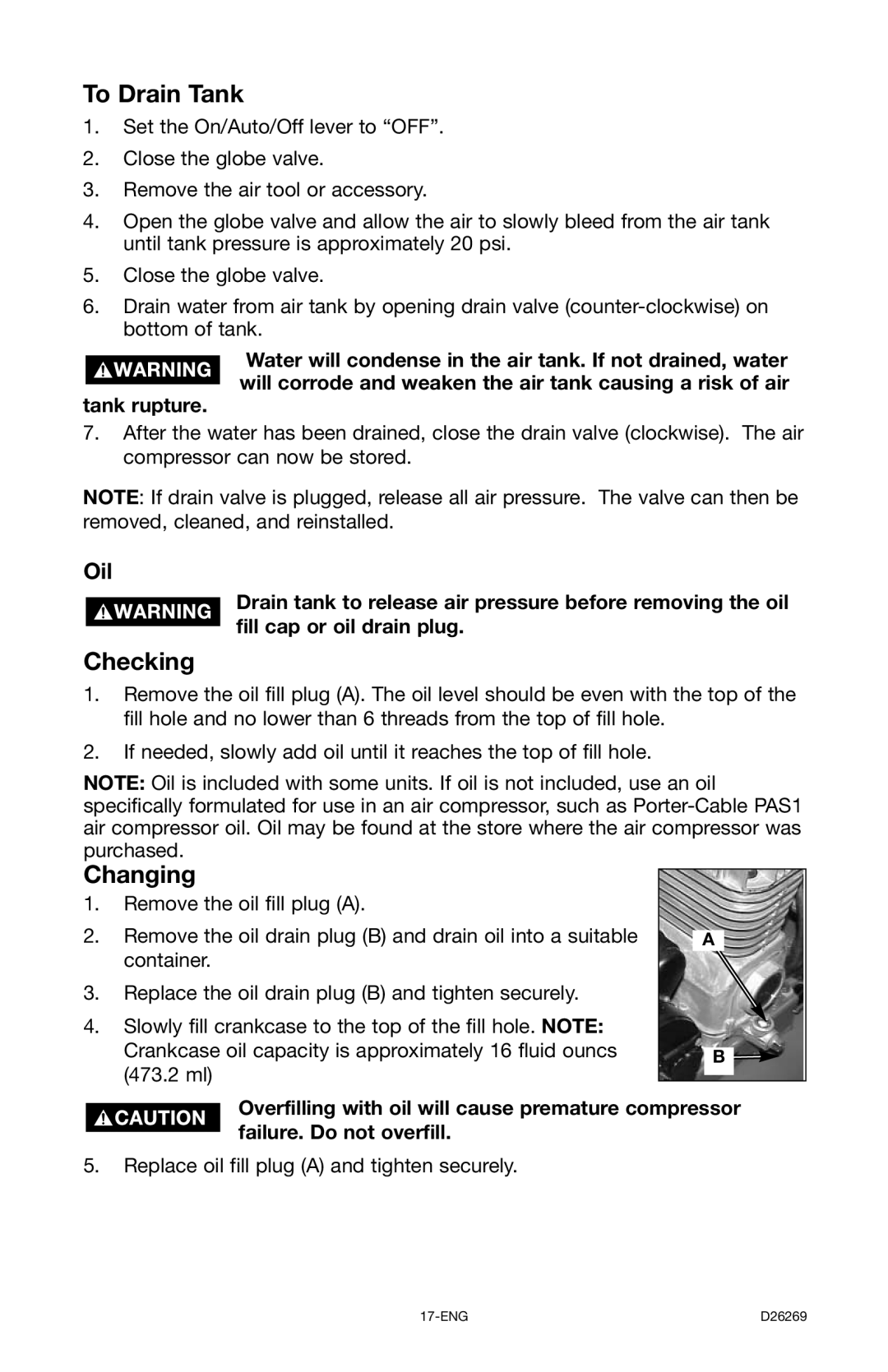 Delta 66-750 instruction manual To Drain Tank, Oil 