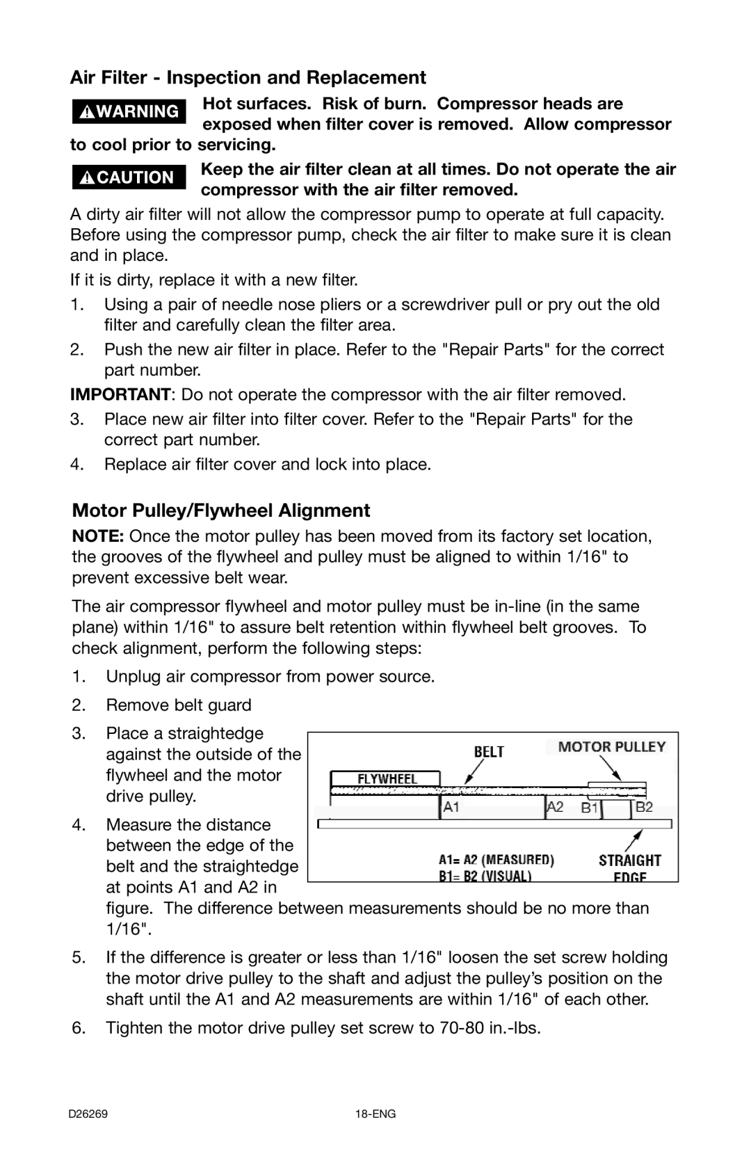 Delta 66-750 instruction manual Air Filter Inspection and Replacement, Motor Pulley/Flywheel Alignment 