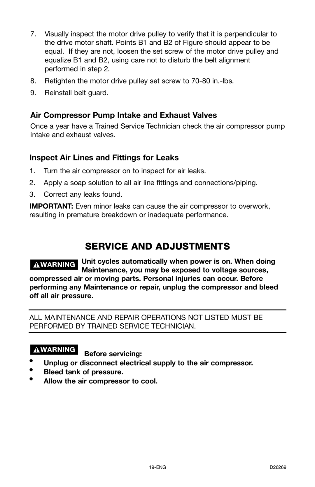 Delta 66-750 instruction manual Service and Adjustments, Air Compressor Pump Intake and Exhaust Valves 