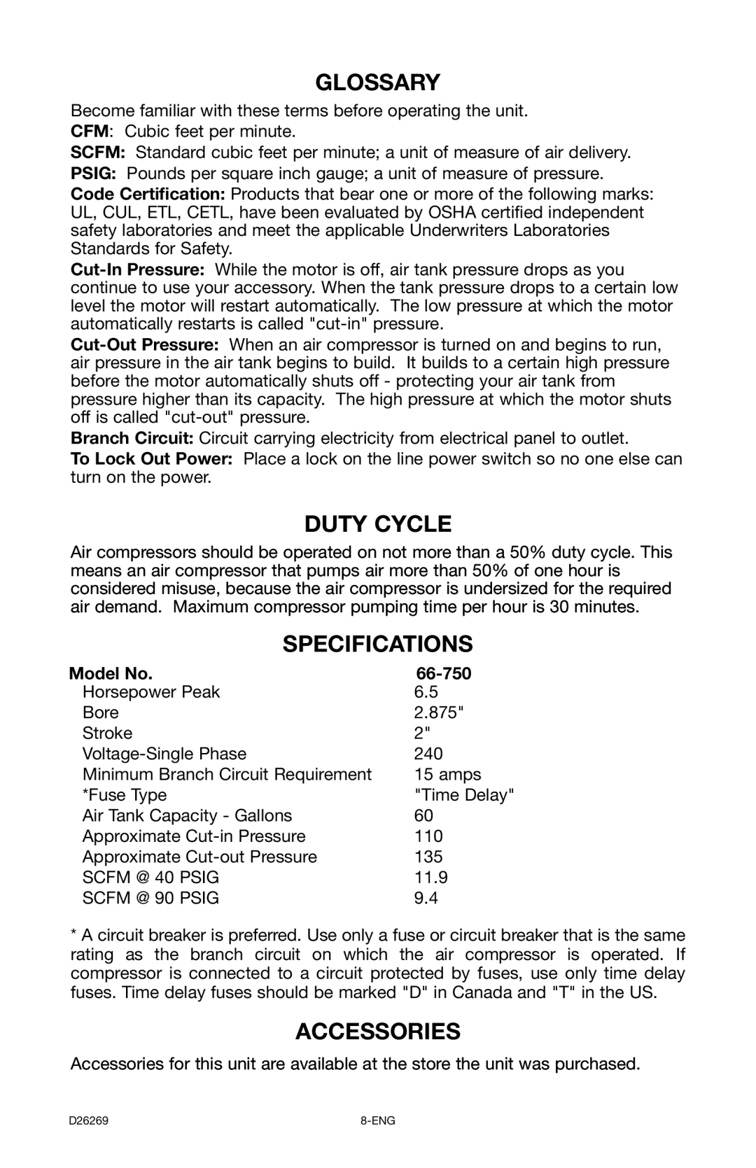 Delta 66-750 instruction manual Glossary, Duty Cycle, Specifications, Accessories 