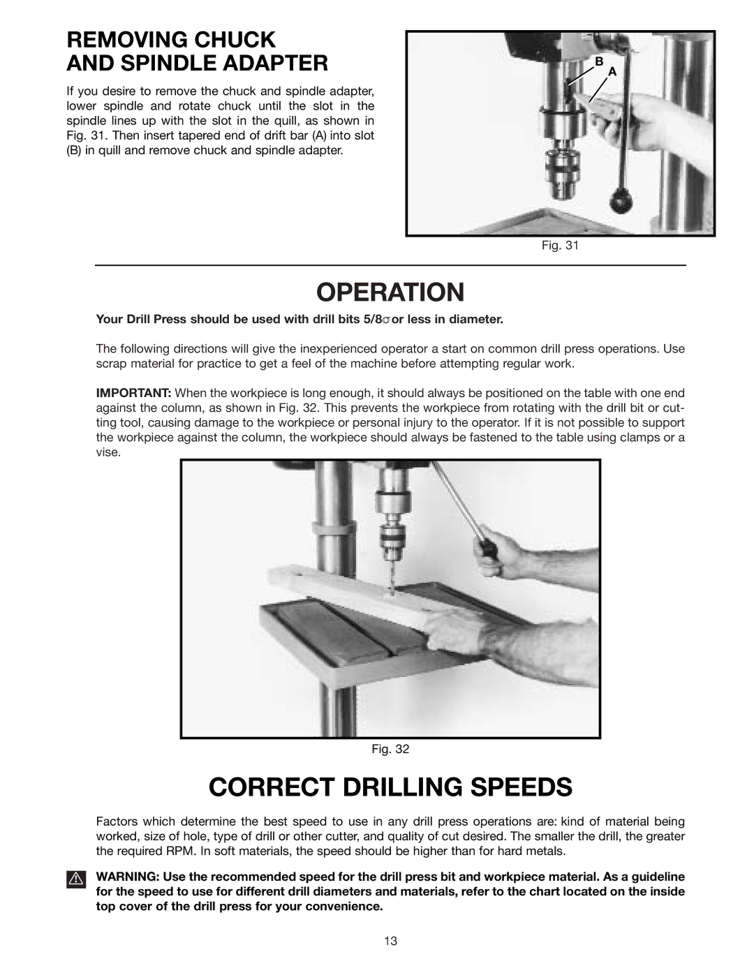 Delta 70-200 instruction manual Operation, Removing Chuck and Spindle Adapter 