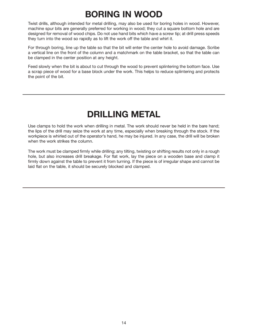 Delta 70-200 instruction manual Boring in Wood, Drilling Metal 