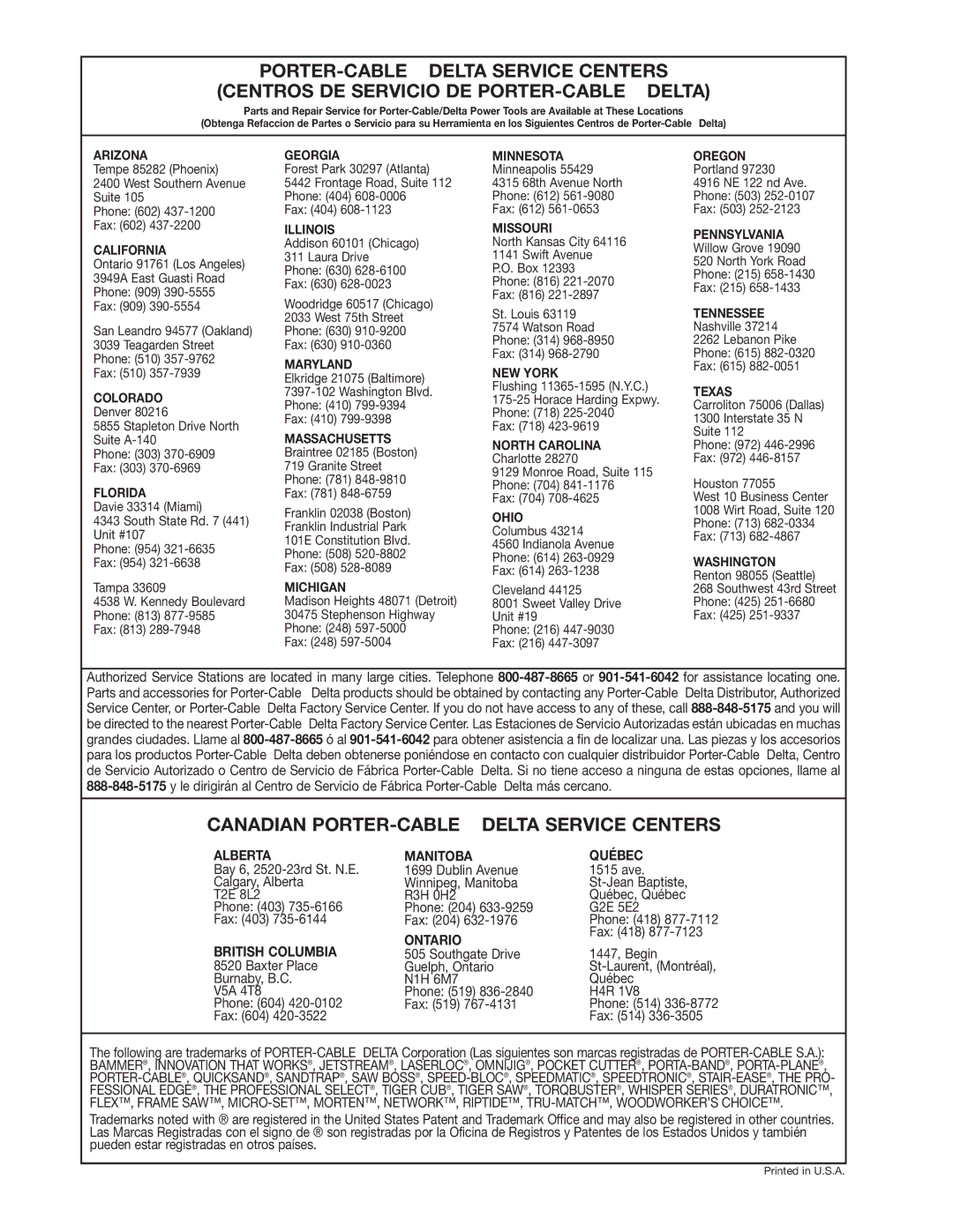 Delta 70-200 instruction manual Canadian PORTER-CABLE Delta Service Centers 