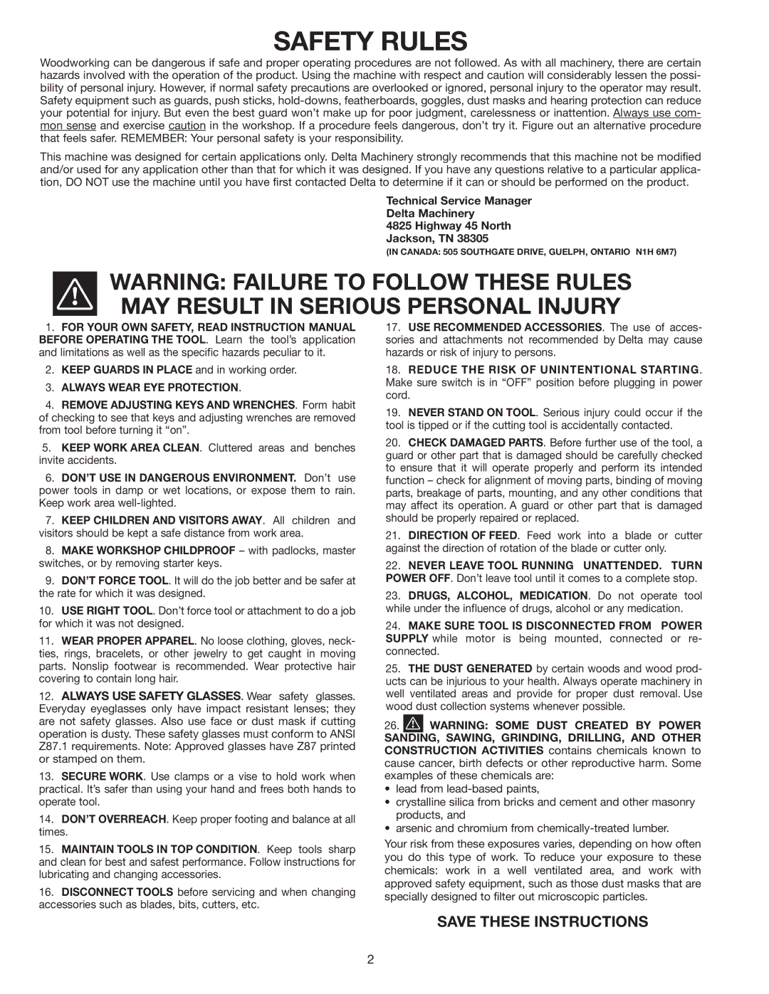 Delta 70-200 instruction manual Safety Rules, Always Wear EYE Protection 