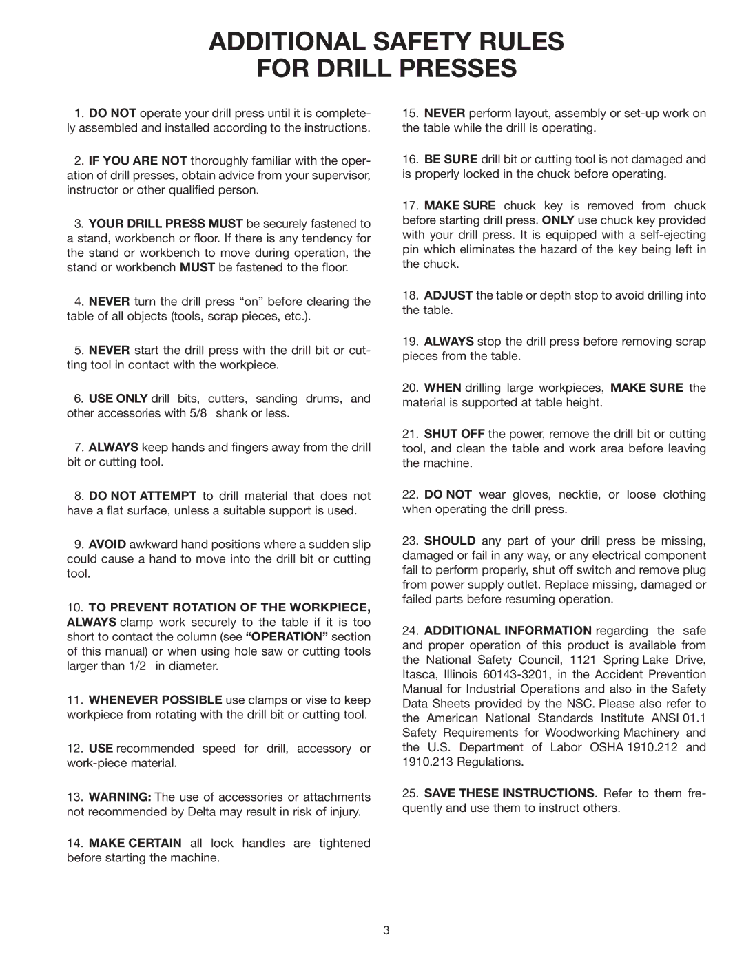 Delta 70-200 instruction manual Additional Safety Rules For Drill Presses 