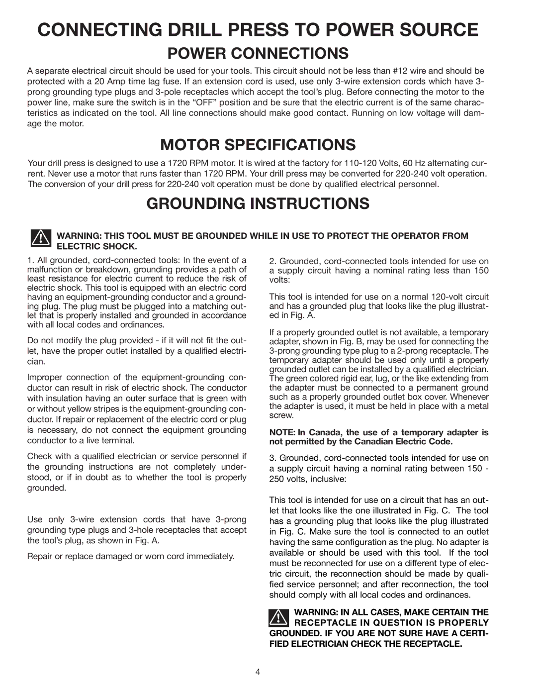 Delta 70-200 instruction manual Connecting Drill Press to Power Source, Power Connections 