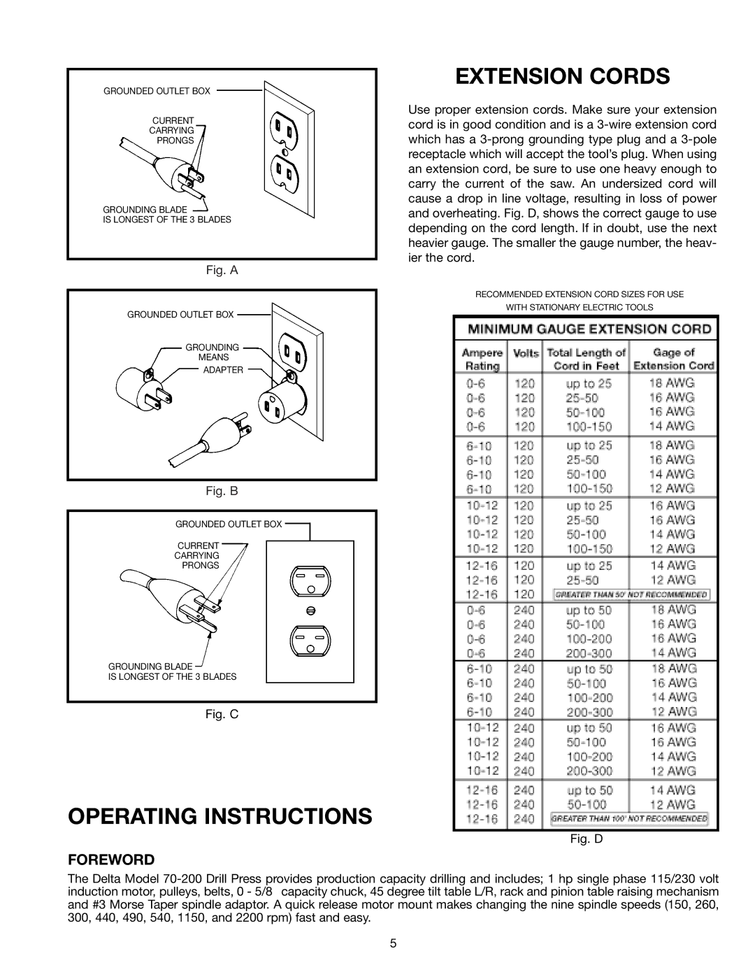 Delta 70-200 instruction manual Operating Instructions Extension Cords, Foreword 