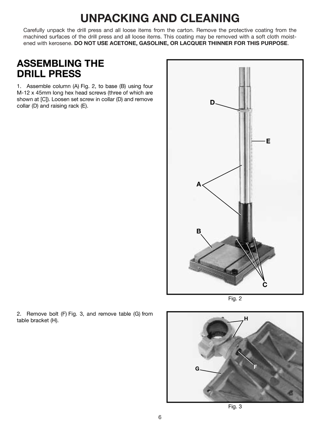 Delta 70-200 instruction manual Unpacking and Cleaning, Assembling Drill Press 