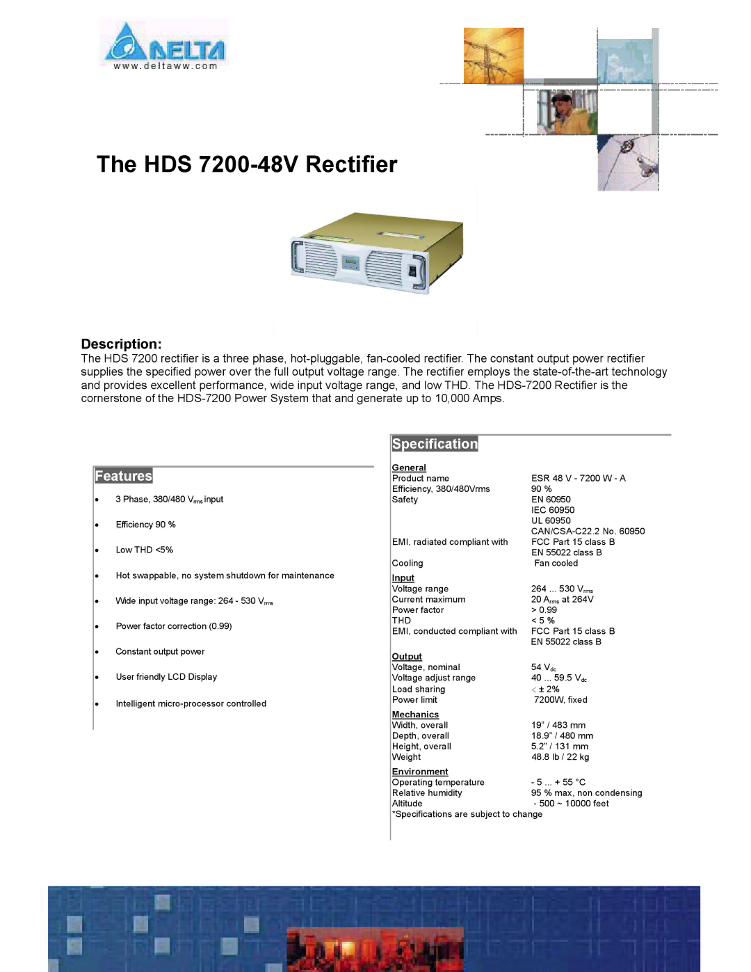 Delta specifications HDS 7200-48V Rectifier, Description, Features, Specification 