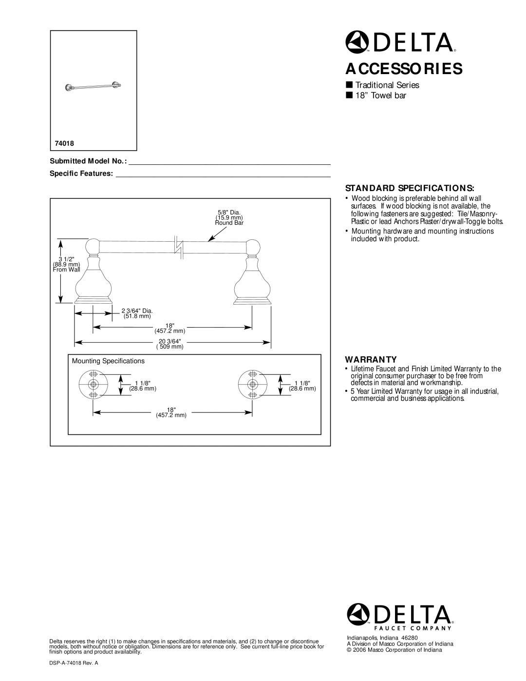 Delta 74018 warranty Accessories, Traditional Series Towel bar, Standard Specifications, Warranty 