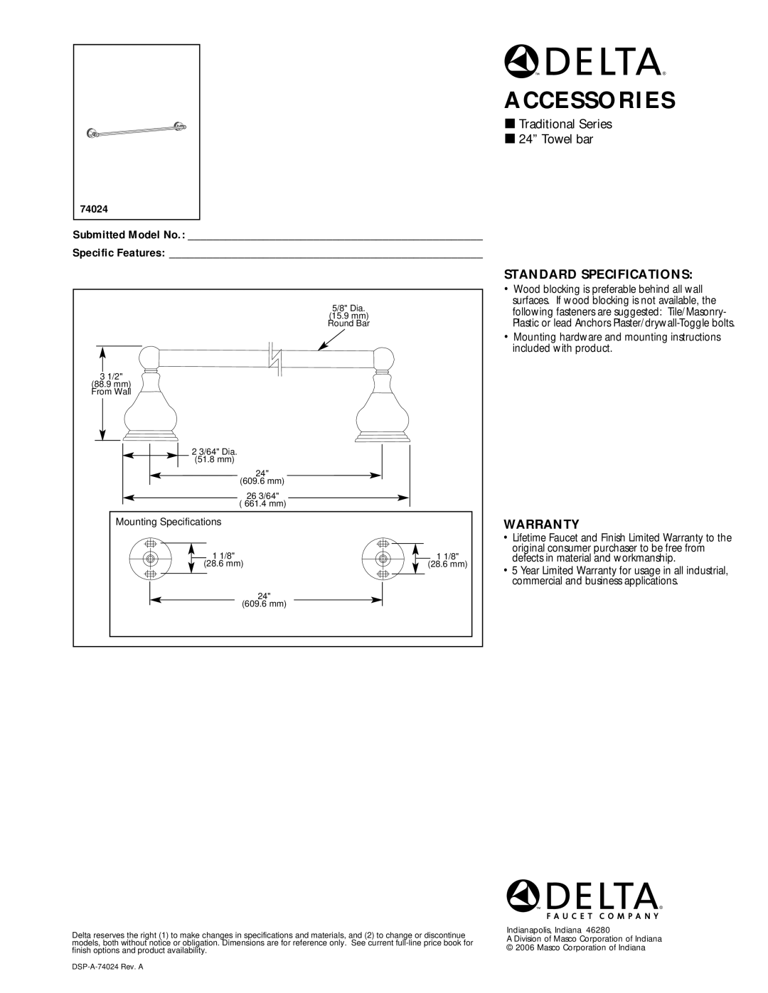 Delta 74024 warranty Accessories, Traditional Series Towel bar, Standard Specifications, Warranty 