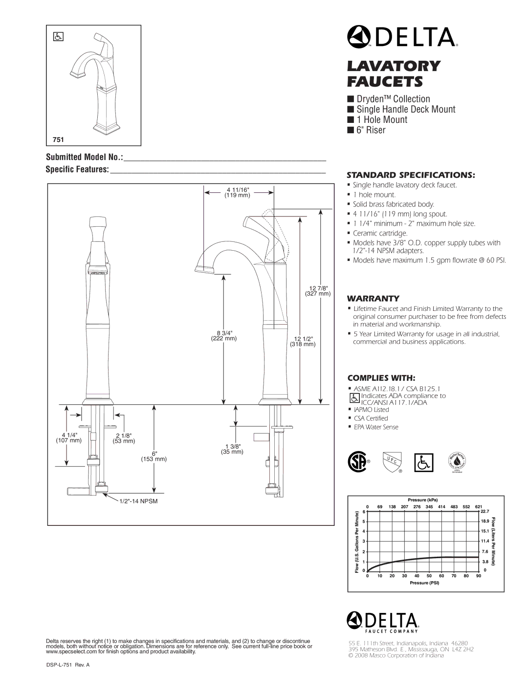 Delta 751 specifications Faucets, Dryden Collection Single Handle Deck Mount Hole Mount Riser, Standard SPECIFICATIONS­ 