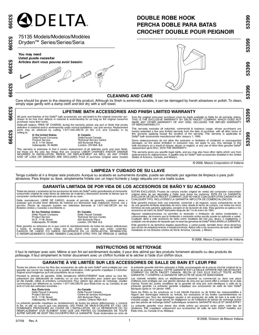 Delta 75135 warranty Cleaning and Care, Lifetime Bath Accessories and Finish Limited Warranty, Instructions DE Nettoyage 