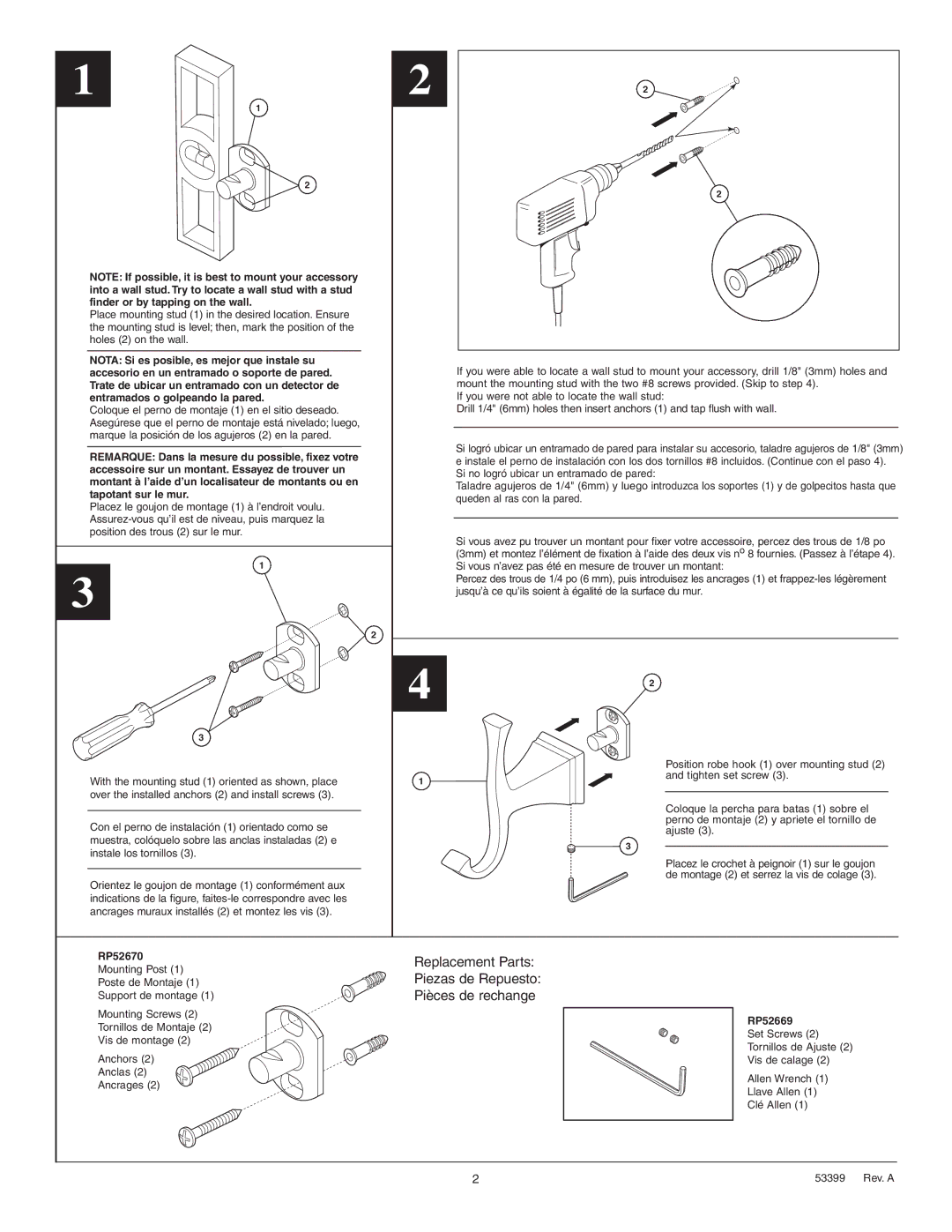 Delta 75135 Nota Si es posible, es mejor que instale su, Entramados o golpeando la pared, Tapotant sur le mur, RP52670 