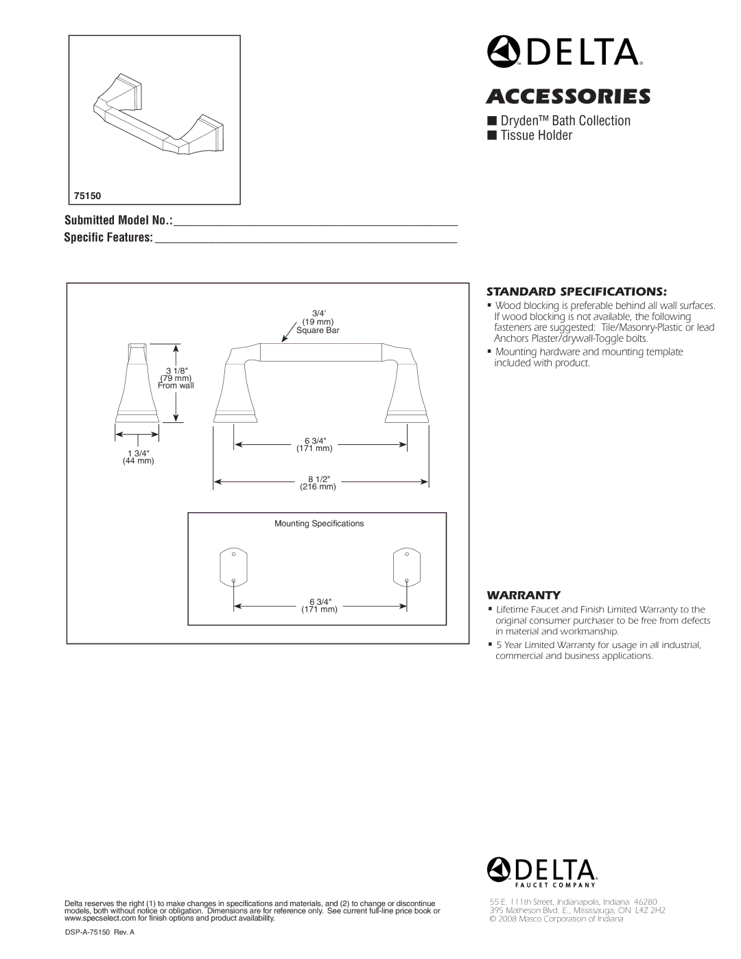 Delta 75150 warranty Accessories, Dryden Bath Collection Tissue Holder, Standard SPECIFICATIONS­, Warranty 