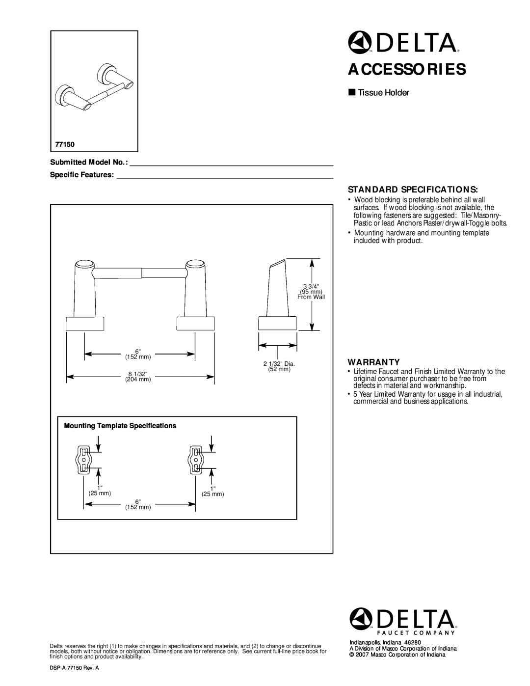 Delta 77150 specifications Accessories, Tissue Holder, Standard Specifications, Warranty, Mounting Template Specifications 