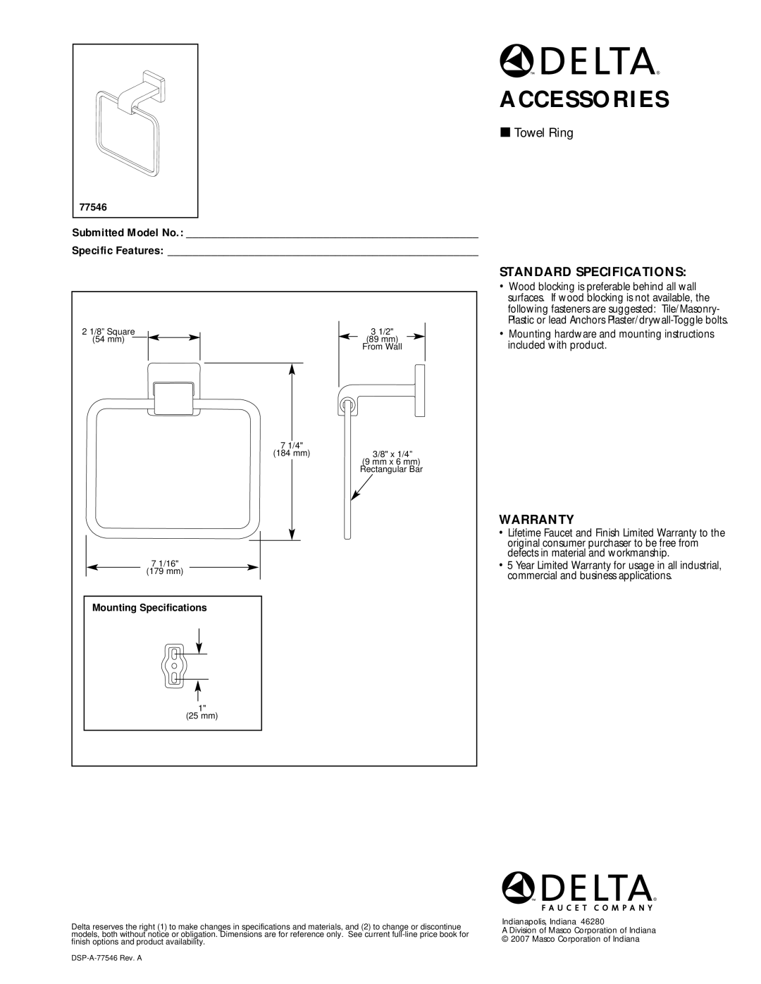 Delta 77546 specifications Accessories, Towel Ring, Standard Specifications, Warranty 