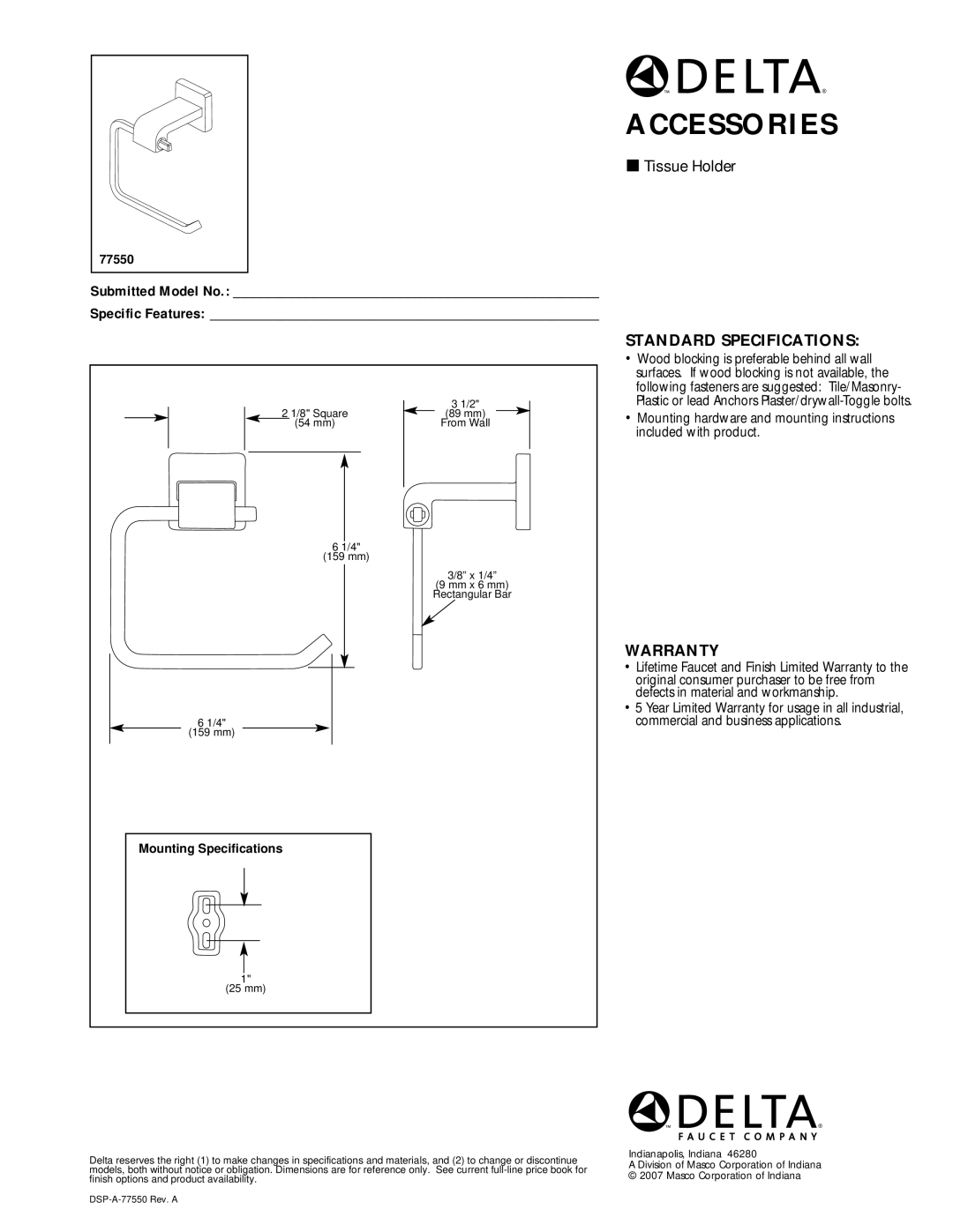 Delta 77550 specifications Accessories, Tissue Holder, Standard Specifications, Warranty 