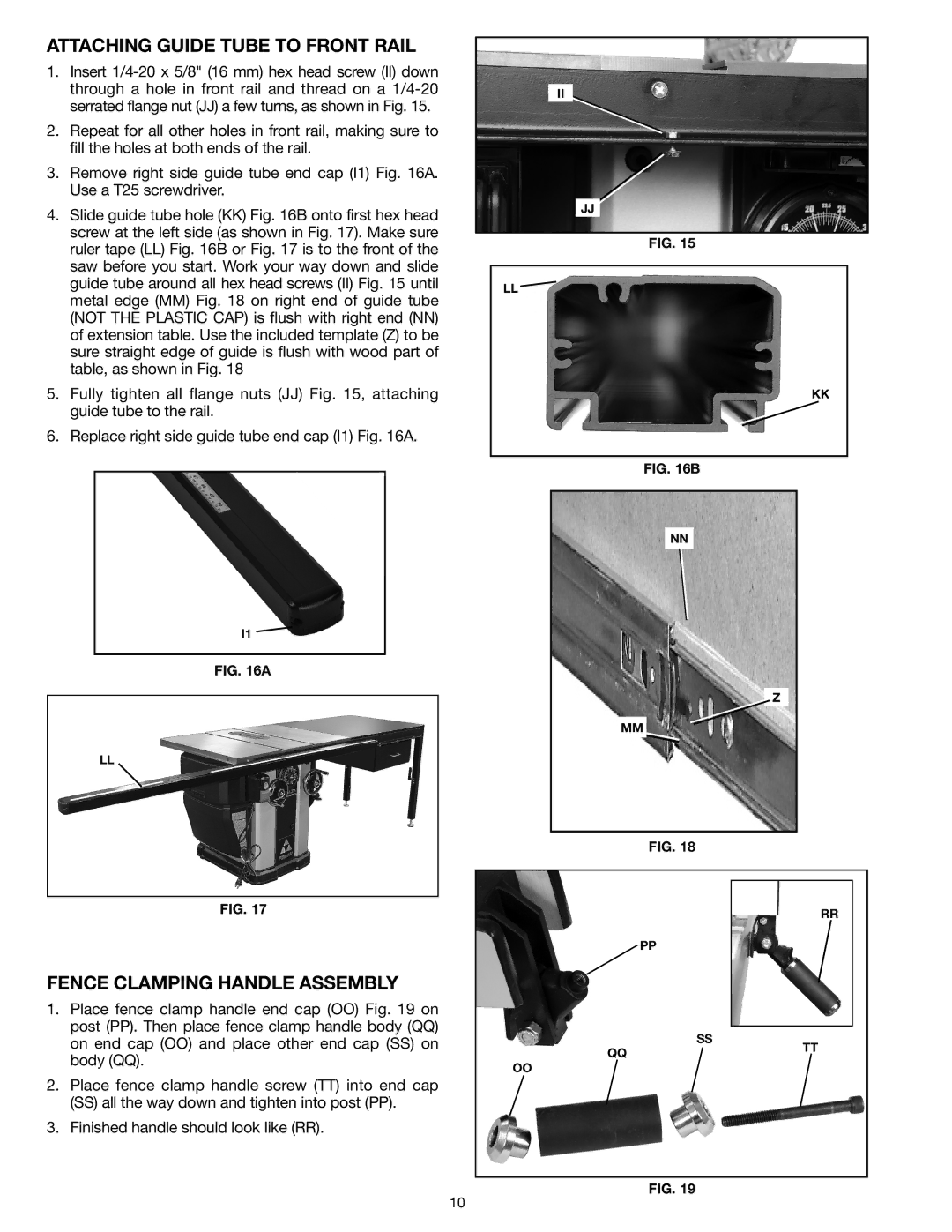 Delta 78-055B instruction manual Attaching Guide Tube to Front Rail, Fence Clamping Handle Assembly 