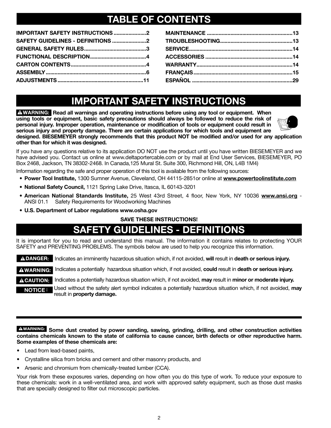 Delta 78-055B instruction manual Table of Contents, Important Safety Instructions, Safety Guidelines Definitions 