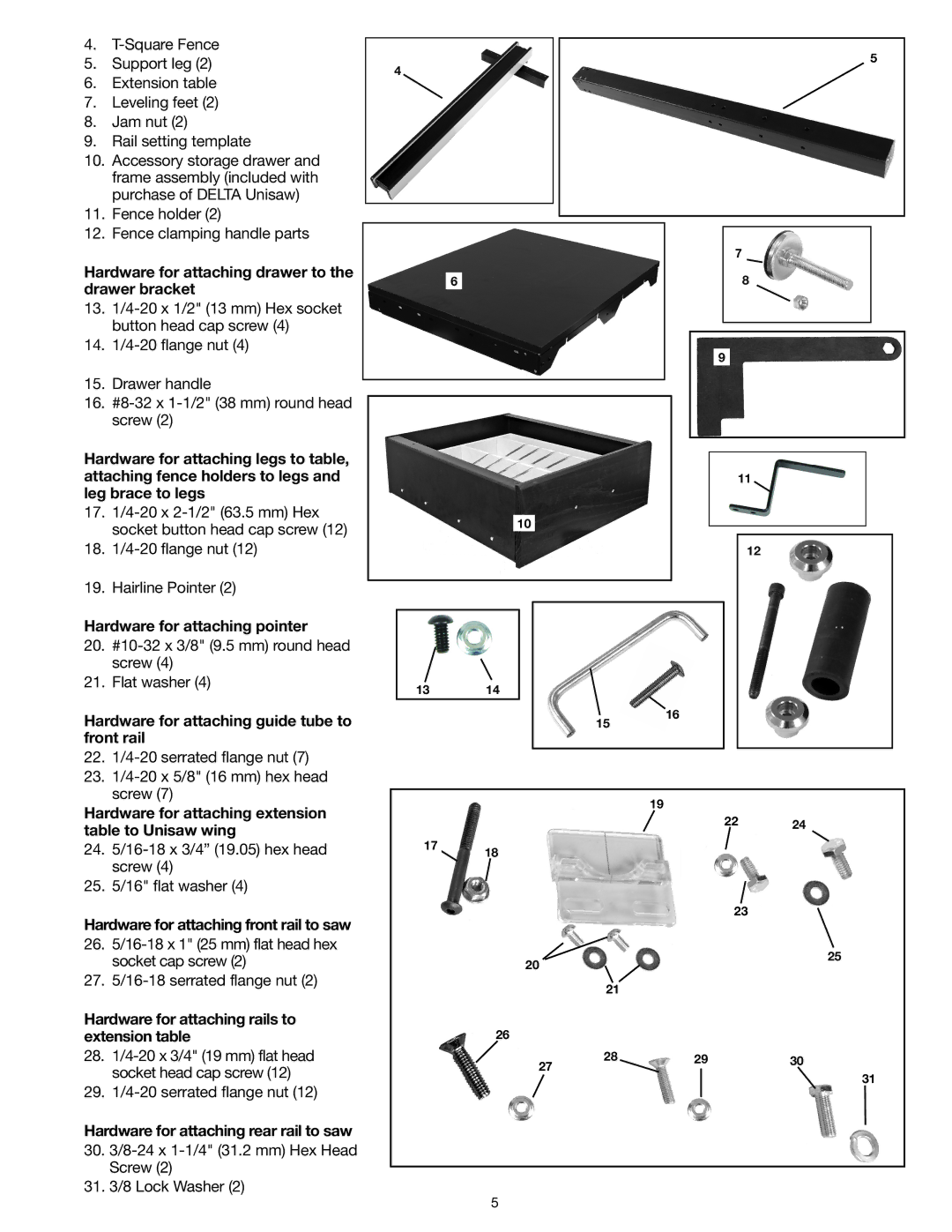 Delta 78-055B instruction manual Hardware for attaching drawer to the drawer bracket, Hardware for attaching pointer 