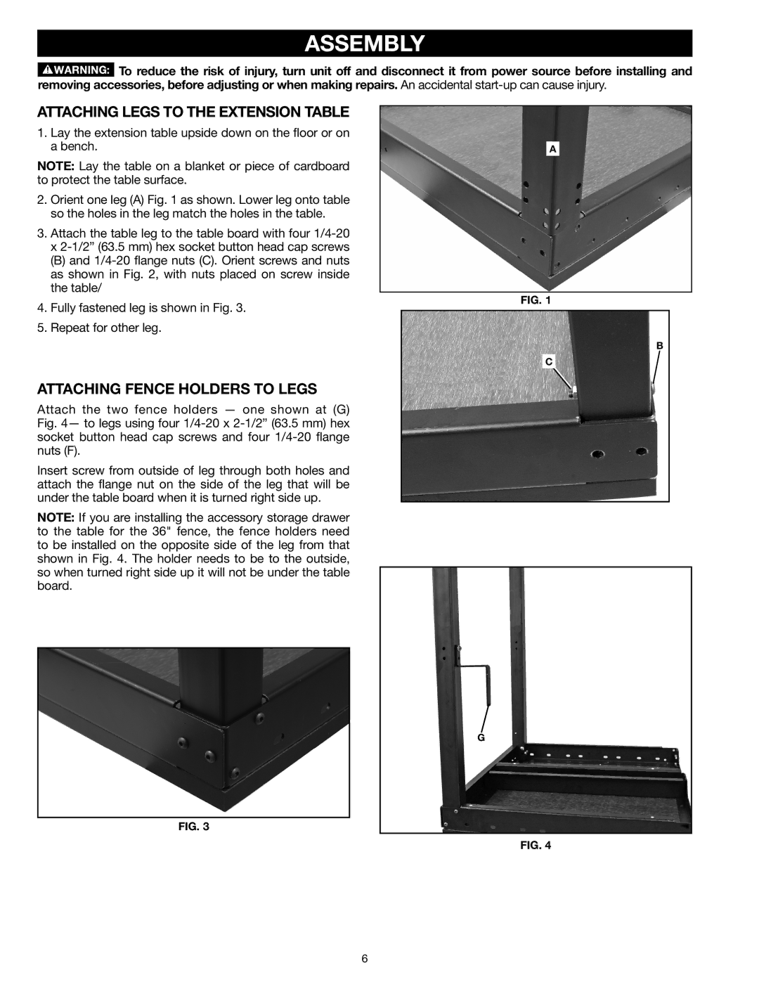 Delta 78-055B instruction manual Assembly, Attaching Legs to the Extension Table, Attaching Fence Holders to Legs 