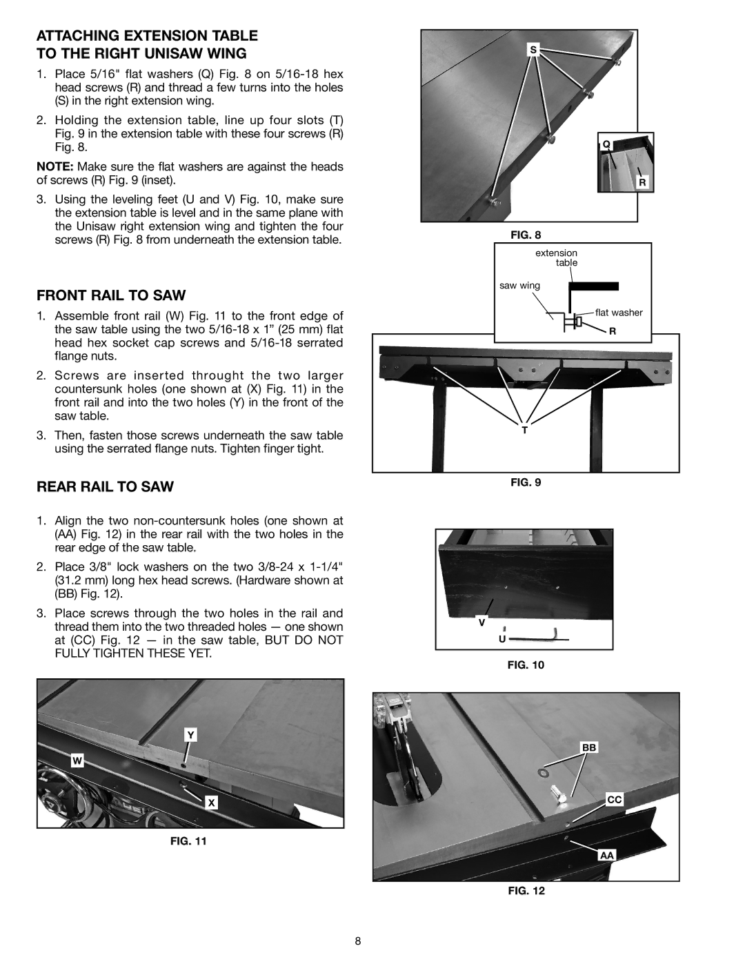 Delta 78-055B instruction manual Attaching extension table to the right Unisaw wing, Front Rail to SAW, Rear Rail to SAW 