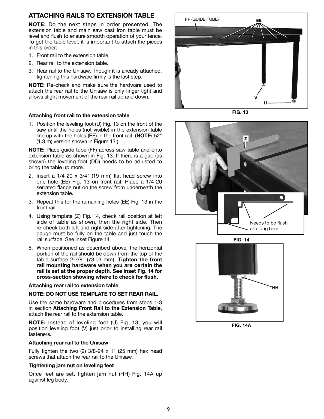 Delta 78-055B instruction manual Attaching Rails to Extension Table, Attaching front rail to the extension table 