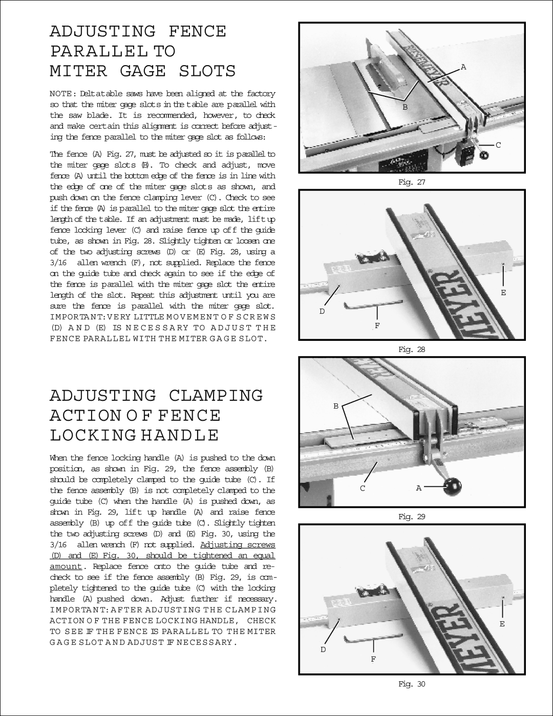 Delta 78-907), 78-904 Adjusting Fence Parallel to Miter Gage Slots, Adjusting Clamping Action O F Fence Locking Handle 