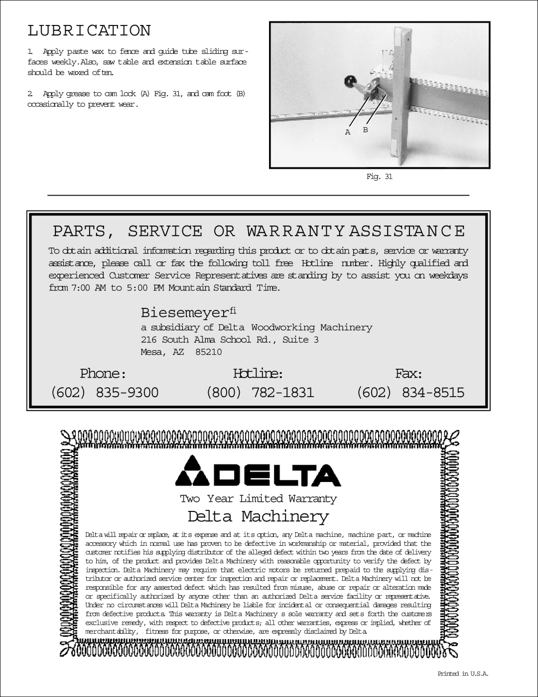 Delta 78-904, 78-907) instruction manual Lubrication, PARTS, Service or Warranty Assistance 