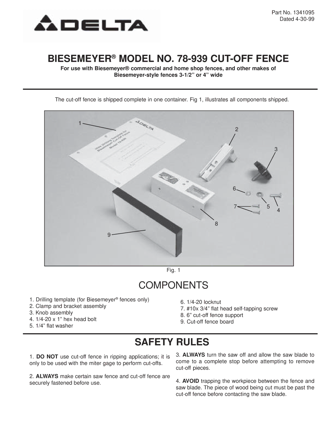 Delta 78-939 manual Biesemeyer Model no -939 CUT-OFF Fence 