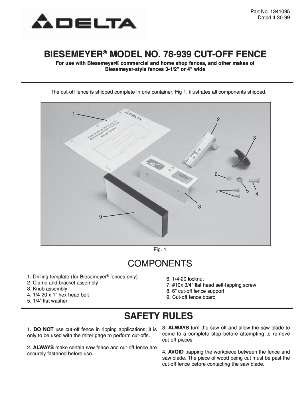Delta manual Components, BIESEMEYER MODEL NO. 78-939 CUT-OFF FENCE, Safety Rules 