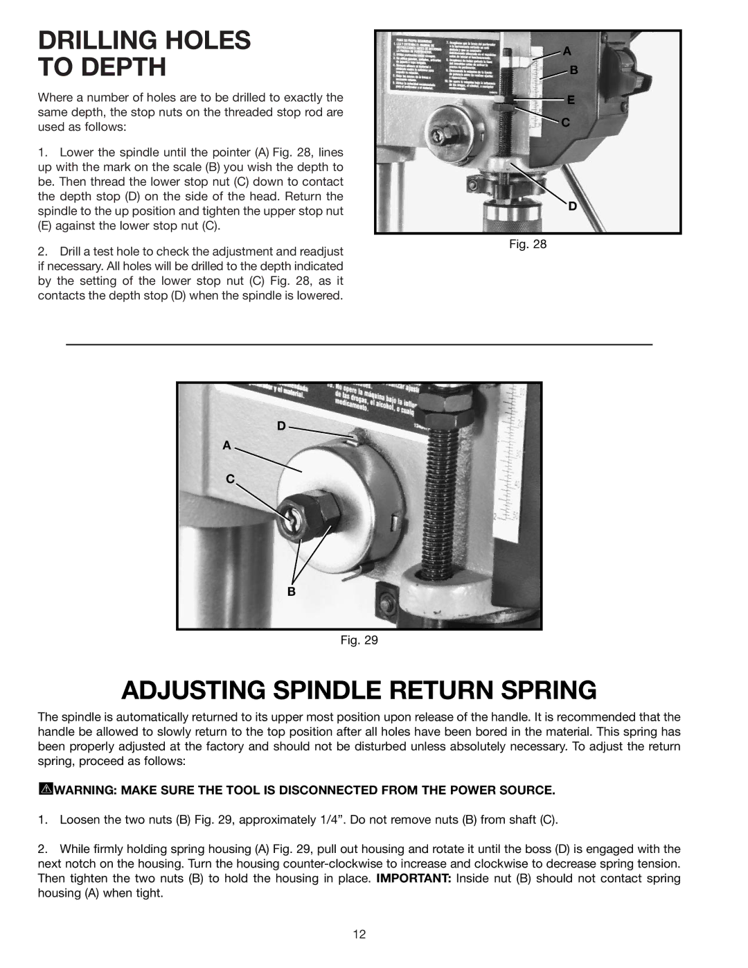 Delta 900585 instruction manual Drilling Holes To Depth, Adjusting Spindle Return Spring 